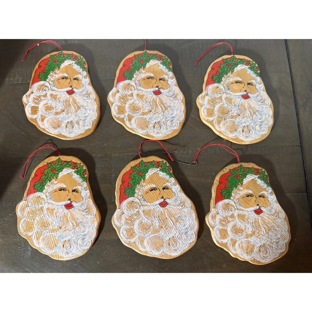 Vintage Style Hand Painted Wooden Santa Claus Christmas Ornaments Set of 6